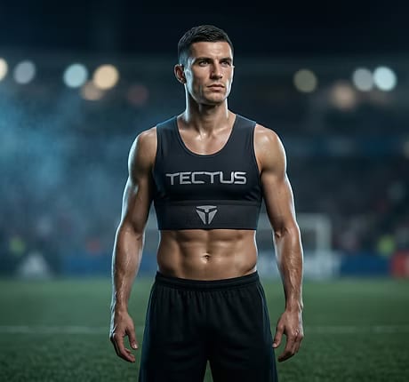 An athlete under floodlights wearing the Tectus vest.
